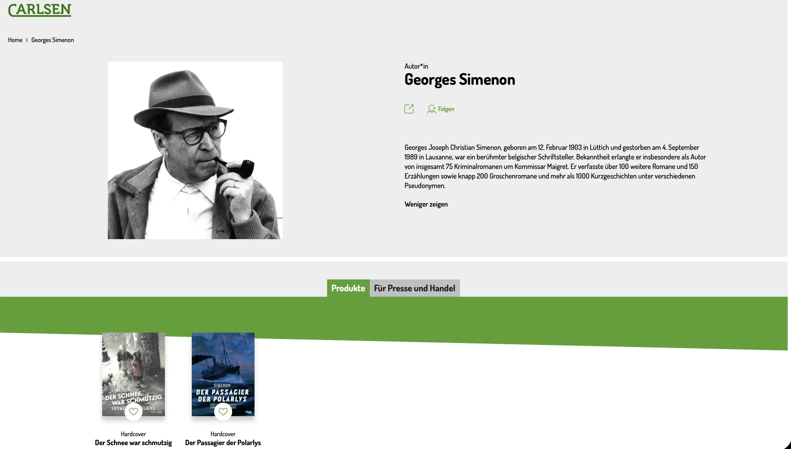 Autorenseite Simenon bei Carlsen